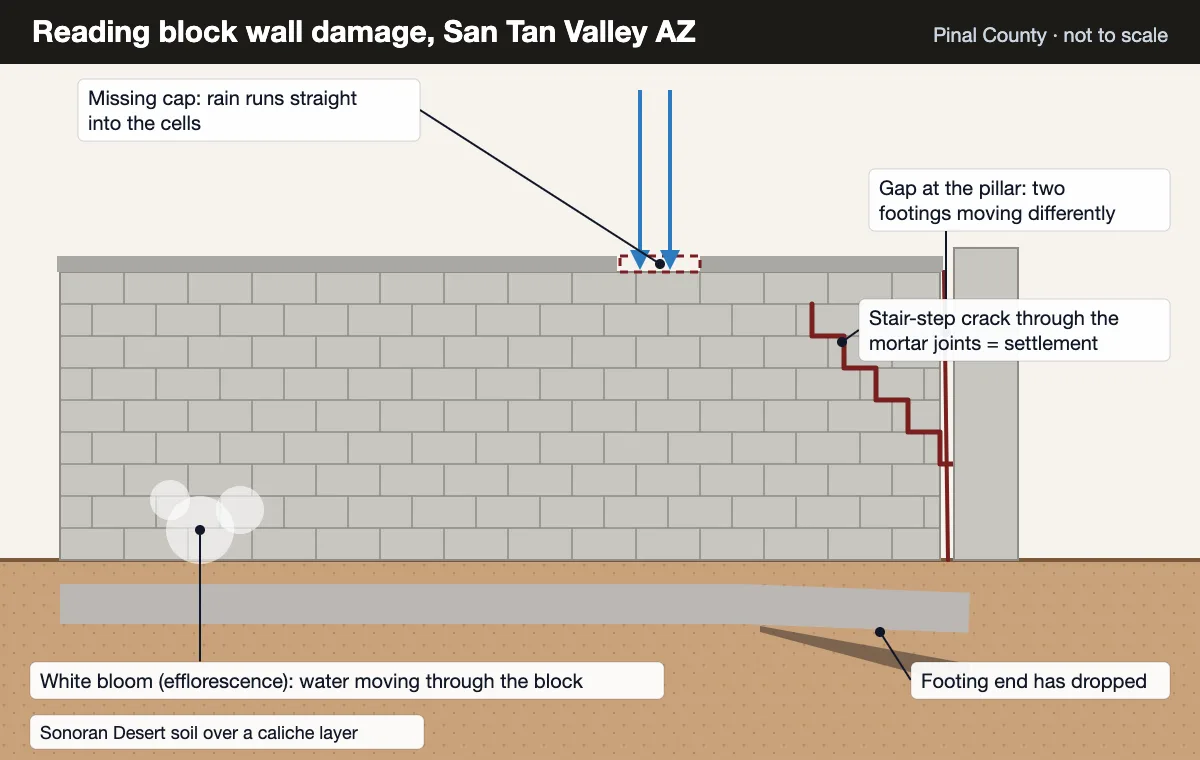 Block wall damage diagram for San Tan Valley AZ: stair-step crack from a settled footing, missing cap, efflorescence and a gap at a pillar