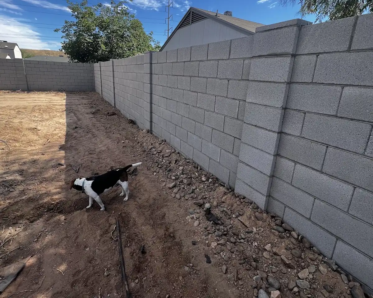 A long new block fence across a desert backyard, by our featured contractor